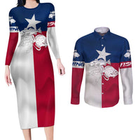 Custom Texas Fishing Couples Matching Long Sleeve Bodycon Dress and Long Sleeve Button Shirt Hooked Fish Graphic - Red White and Blue Theme - Wonder Print Shop