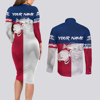 Custom Texas Fishing Couples Matching Long Sleeve Bodycon Dress and Long Sleeve Button Shirt Hooked Fish Graphic - Red White and Blue Theme - Wonder Print Shop