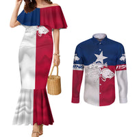 Custom Texas Fishing Couples Matching Mermaid Dress and Long Sleeve Button Shirt Hooked Fish Graphic - Red White and Blue Theme - Wonder Print Shop