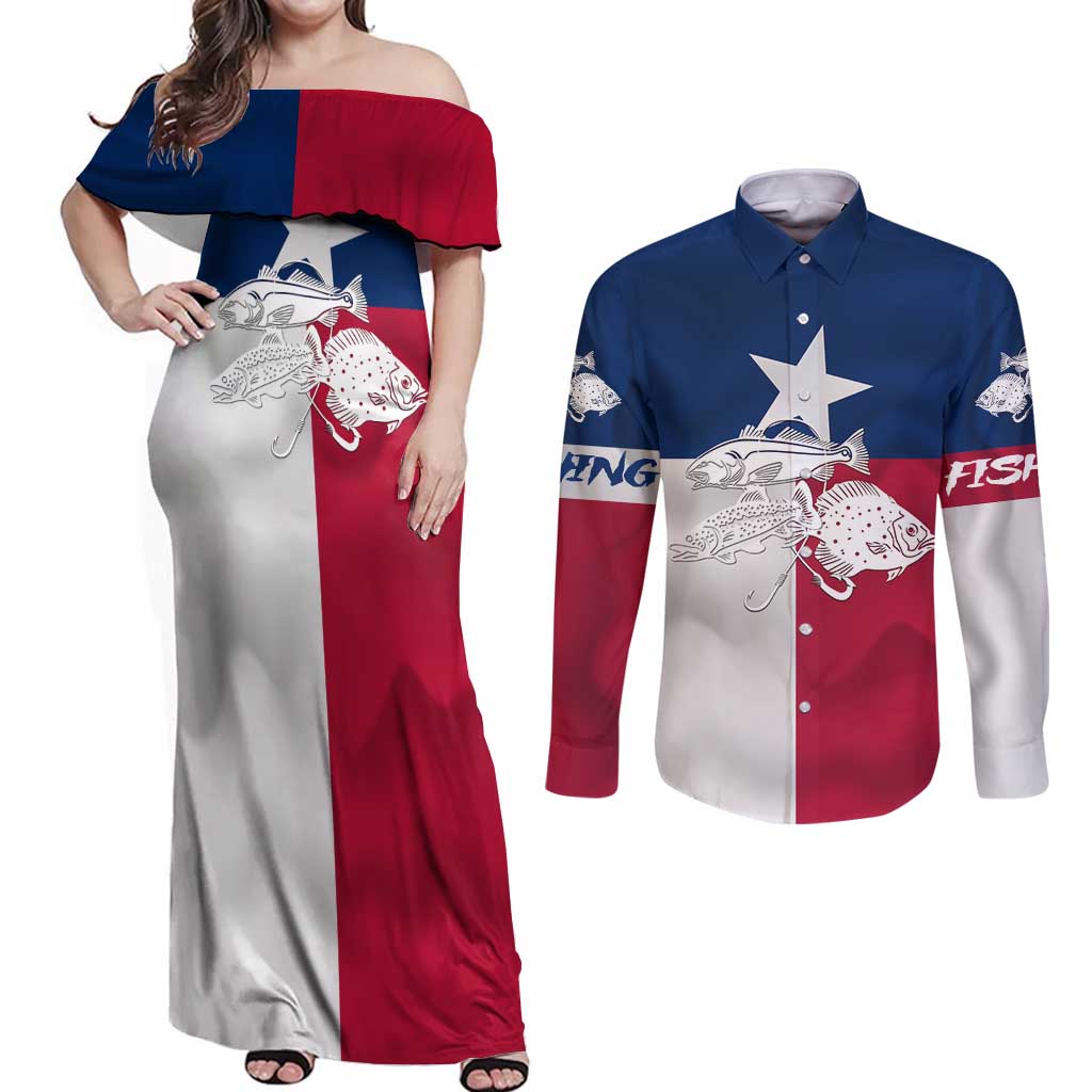 Custom Texas Fishing Couples Matching Off Shoulder Maxi Dress and Long Sleeve Button Shirt Hooked Fish Graphic - Red White and Blue Theme - Wonder Print Shop
