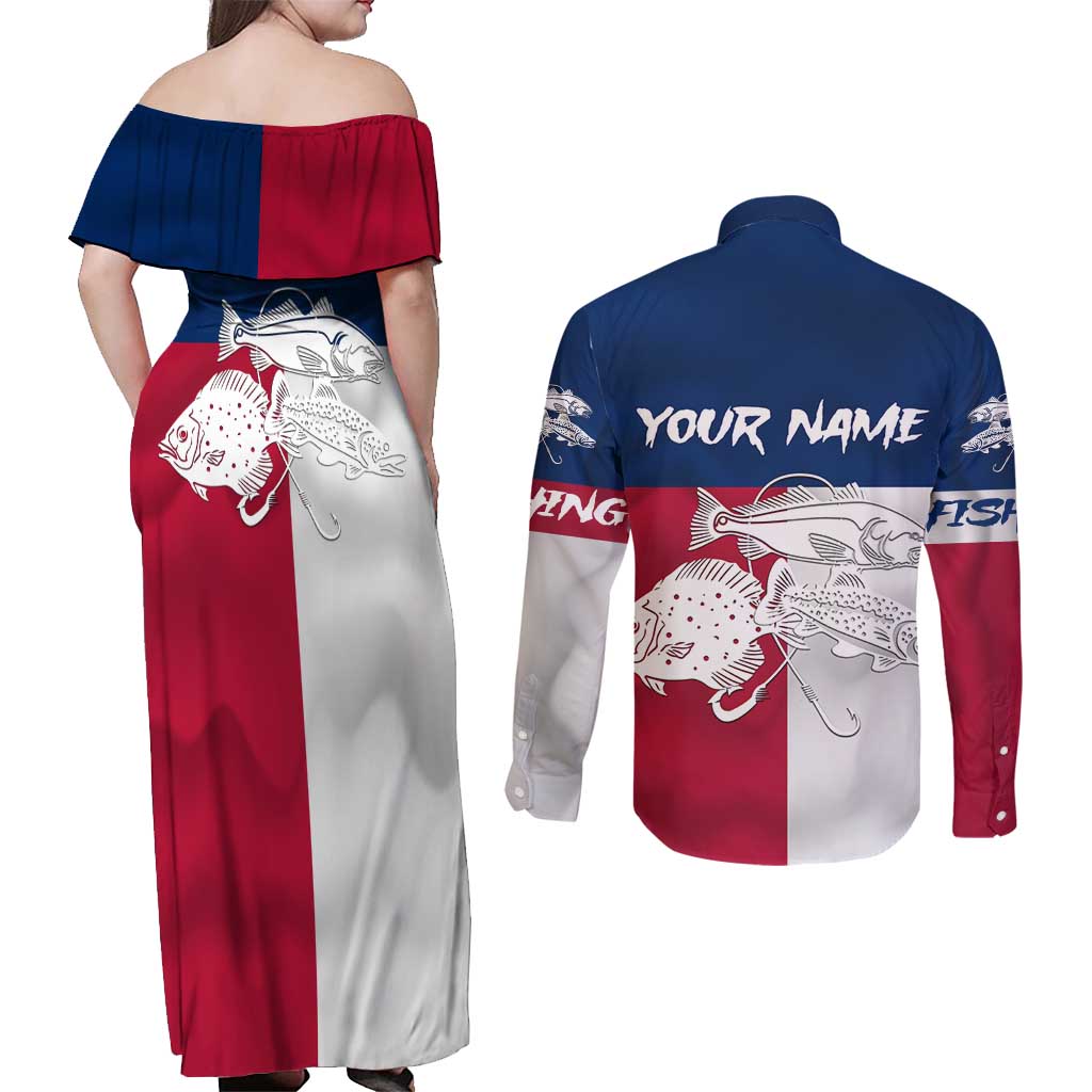 Custom Texas Fishing Couples Matching Off Shoulder Maxi Dress and Long Sleeve Button Shirt Hooked Fish Graphic - Red White and Blue Theme - Wonder Print Shop
