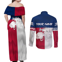 Custom Texas Fishing Couples Matching Off Shoulder Maxi Dress and Long Sleeve Button Shirt Hooked Fish Graphic - Red White and Blue Theme - Wonder Print Shop