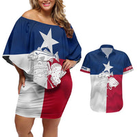 Custom Texas Fishing Couples Matching Off Shoulder Short Dress and Hawaiian Shirt Hooked Fish Graphic - Red White and Blue Theme - Wonder Print Shop