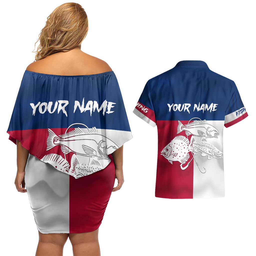 Custom Texas Fishing Couples Matching Off Shoulder Short Dress and Hawaiian Shirt Hooked Fish Graphic - Red White and Blue Theme - Wonder Print Shop