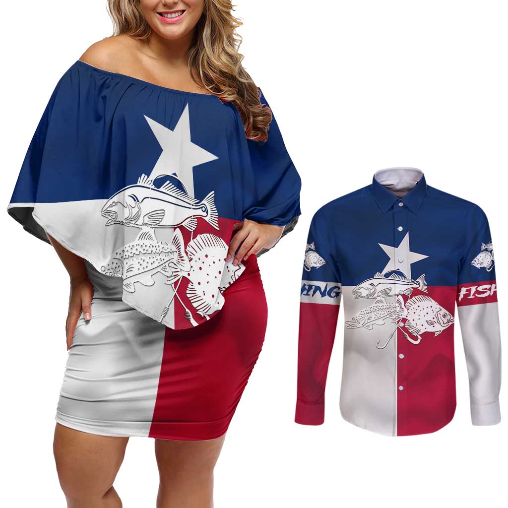 Custom Texas Fishing Couples Matching Off Shoulder Short Dress and Long Sleeve Button Shirt Hooked Fish Graphic - Red White and Blue Theme - Wonder Print Shop