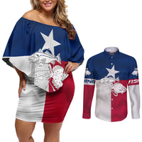 Custom Texas Fishing Couples Matching Off Shoulder Short Dress and Long Sleeve Button Shirt Hooked Fish Graphic - Red White and Blue Theme - Wonder Print Shop