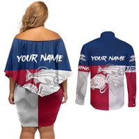 Custom Texas Fishing Couples Matching Off Shoulder Short Dress and Long Sleeve Button Shirt Hooked Fish Graphic - Red White and Blue Theme - Wonder Print Shop