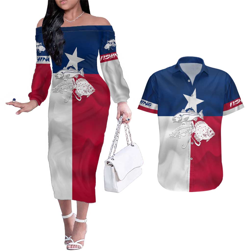 Custom Texas Fishing Couples Matching Off The Shoulder Long Sleeve Dress and Hawaiian Shirt Hooked Fish Graphic - Red White and Blue Theme - Wonder Print Shop