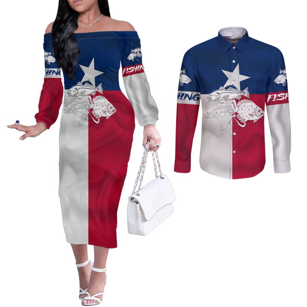 Custom Texas Fishing Couples Matching Off The Shoulder Long Sleeve Dress and Long Sleeve Button Shirt Hooked Fish Graphic - Red White and Blue Theme - Wonder Print Shop