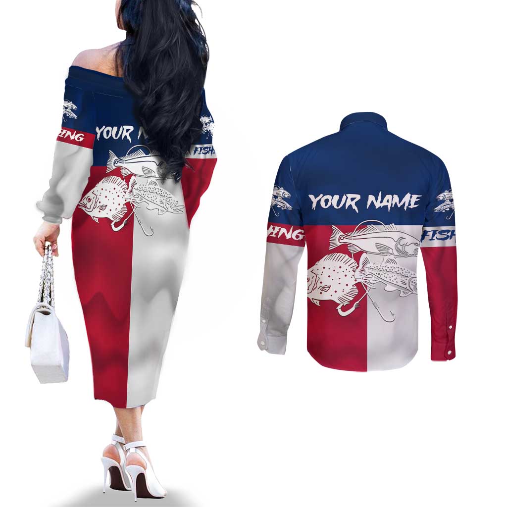 Custom Texas Fishing Couples Matching Off The Shoulder Long Sleeve Dress and Long Sleeve Button Shirt Hooked Fish Graphic - Red White and Blue Theme - Wonder Print Shop