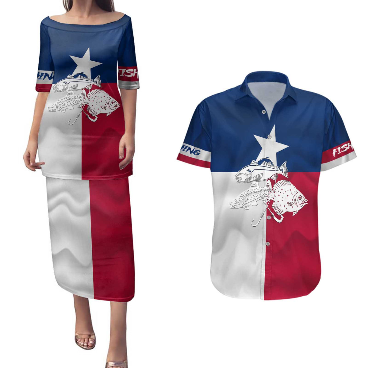Custom Texas Fishing Couples Matching Puletasi and Hawaiian Shirt Hooked Fish Graphic - Red White and Blue Theme - Wonder Print Shop
