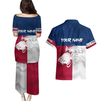 Custom Texas Fishing Couples Matching Puletasi and Hawaiian Shirt Hooked Fish Graphic - Red White and Blue Theme - Wonder Print Shop