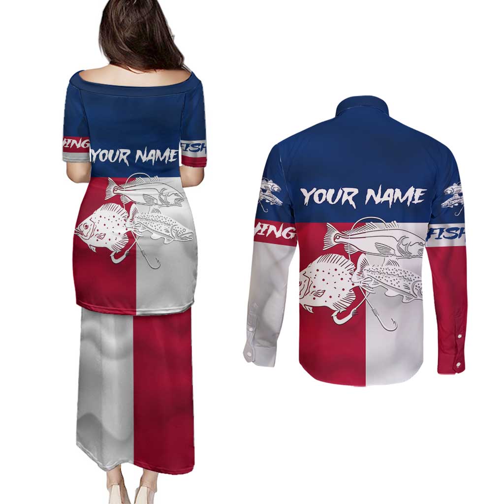 Custom Texas Fishing Couples Matching Puletasi and Long Sleeve Button Shirt Hooked Fish Graphic - Red White and Blue Theme - Wonder Print Shop