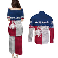 Custom Texas Fishing Couples Matching Puletasi and Long Sleeve Button Shirt Hooked Fish Graphic - Red White and Blue Theme - Wonder Print Shop