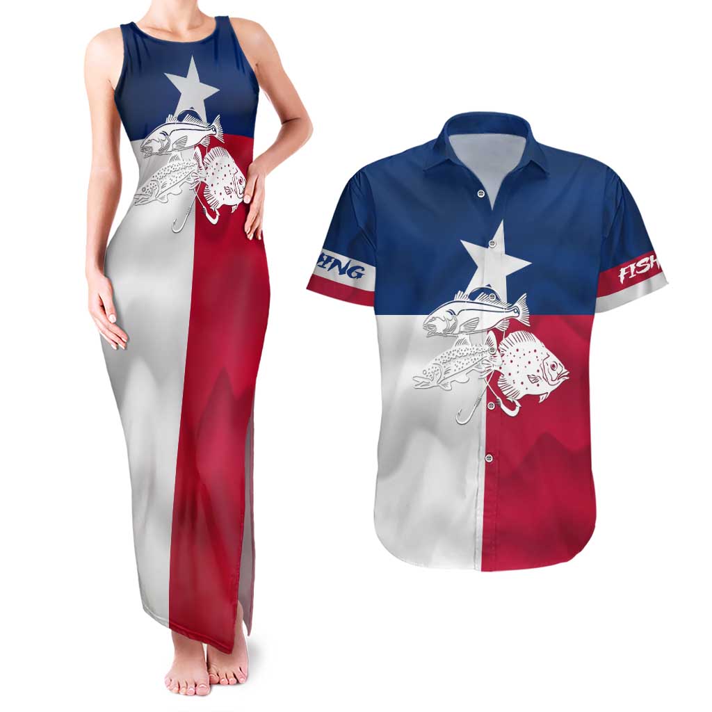Custom Texas Fishing Couples Matching Tank Maxi Dress and Hawaiian Shirt Hooked Fish Graphic - Red White and Blue Theme - Wonder Print Shop