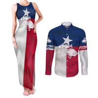 Custom Texas Fishing Couples Matching Tank Maxi Dress and Long Sleeve Button Shirt Hooked Fish Graphic - Red White and Blue Theme - Wonder Print Shop
