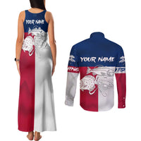 Custom Texas Fishing Couples Matching Tank Maxi Dress and Long Sleeve Button Shirt Hooked Fish Graphic - Red White and Blue Theme - Wonder Print Shop