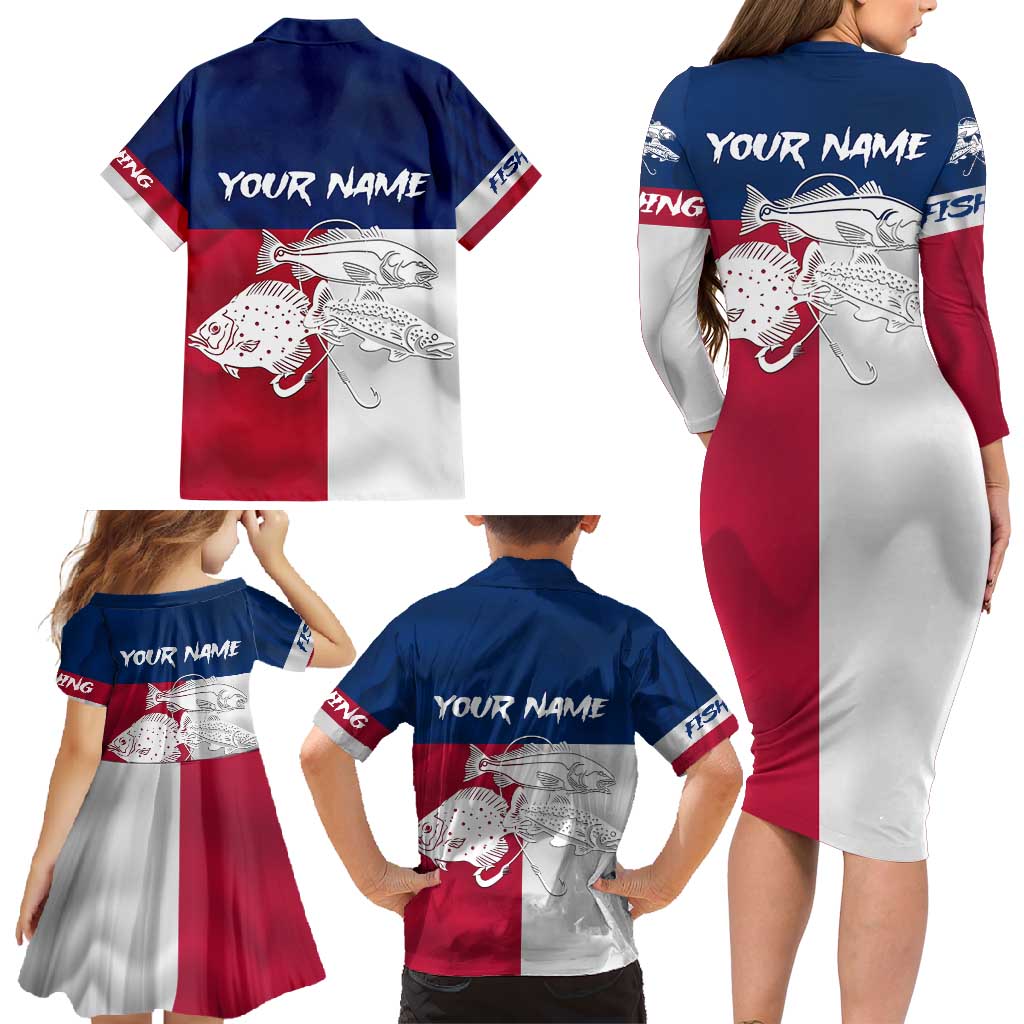 Custom Texas Fishing Family Matching Long Sleeve Bodycon Dress and Hawaiian Shirt Hooked Fish Graphic - Red White and Blue Theme - Wonder Print Shop