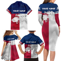 Custom Texas Fishing Family Matching Long Sleeve Bodycon Dress and Hawaiian Shirt Hooked Fish Graphic - Red White and Blue Theme - Wonder Print Shop