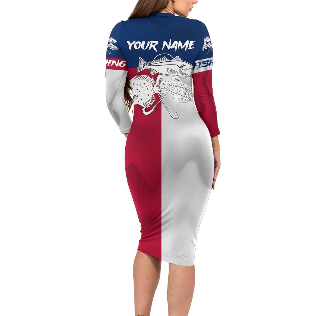 Custom Texas Fishing Family Matching Long Sleeve Bodycon Dress and Hawaiian Shirt Hooked Fish Graphic - Red White and Blue Theme - Wonder Print Shop