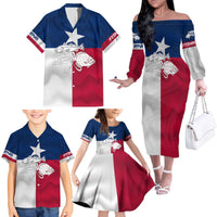 Custom Texas Fishing Family Matching Off The Shoulder Long Sleeve Dress and Hawaiian Shirt Hooked Fish Graphic - Red White and Blue Theme - Wonder Print Shop
