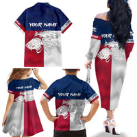 Custom Texas Fishing Family Matching Off The Shoulder Long Sleeve Dress and Hawaiian Shirt Hooked Fish Graphic - Red White and Blue Theme - Wonder Print Shop