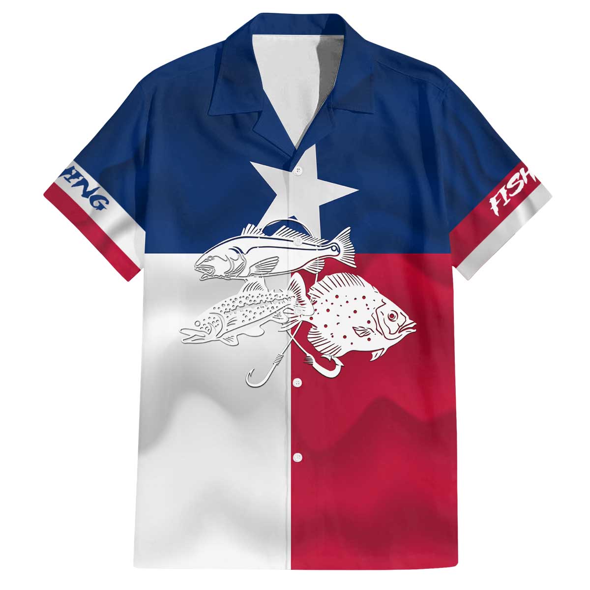 Custom Texas Fishing Family Matching Off The Shoulder Long Sleeve Dress and Hawaiian Shirt Hooked Fish Graphic - Red White and Blue Theme - Wonder Print Shop