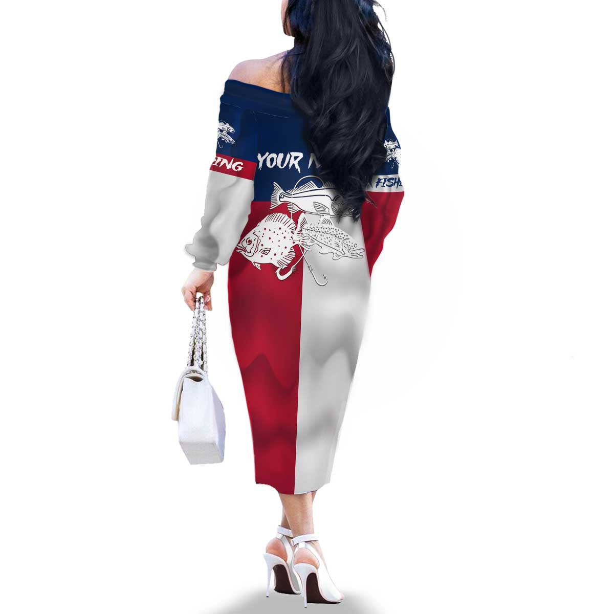 Custom Texas Fishing Family Matching Off The Shoulder Long Sleeve Dress and Hawaiian Shirt Hooked Fish Graphic - Red White and Blue Theme - Wonder Print Shop