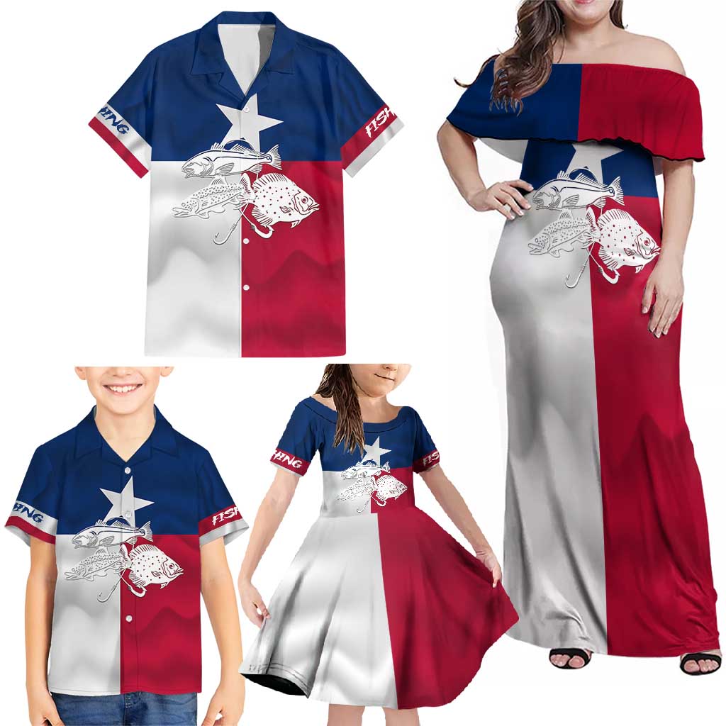 Custom Texas Fishing Family Matching Off Shoulder Maxi Dress and Hawaiian Shirt Hooked Fish Graphic - Red White and Blue Theme - Wonder Print Shop
