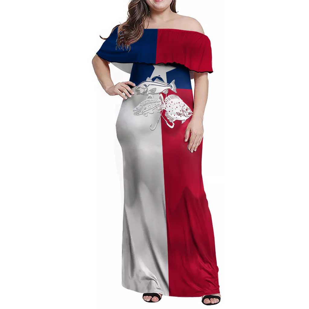Custom Texas Fishing Family Matching Off Shoulder Maxi Dress and Hawaiian Shirt Hooked Fish Graphic - Red White and Blue Theme - Wonder Print Shop