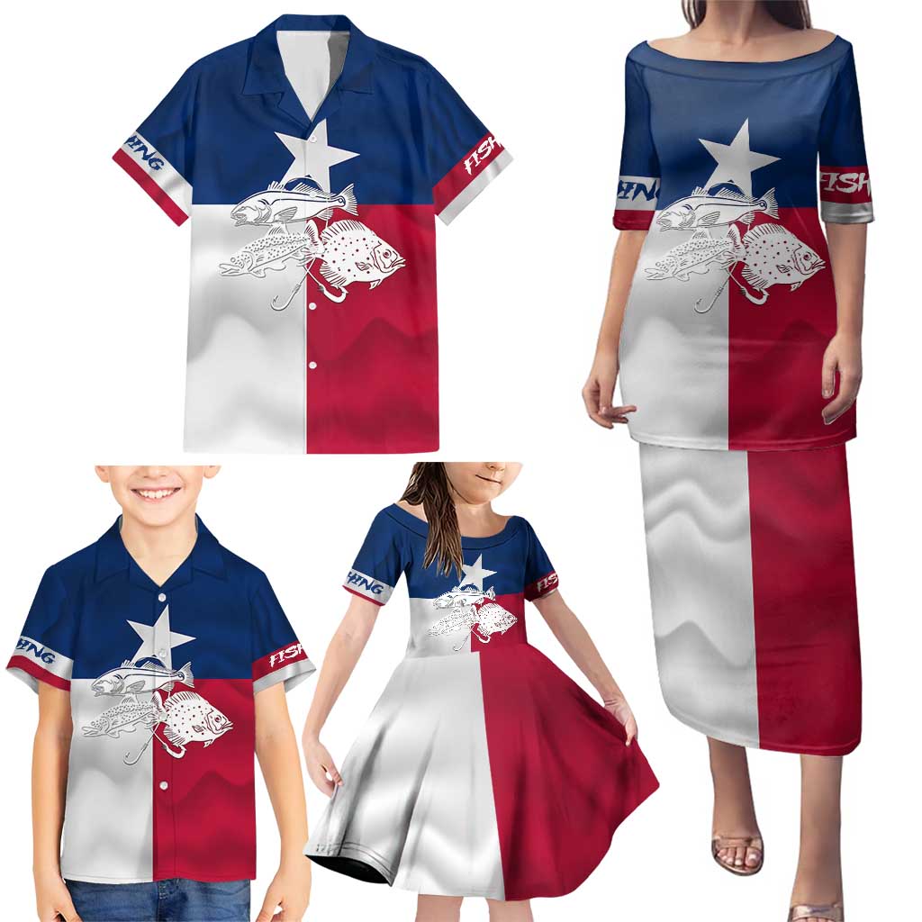 Custom Texas Fishing Family Matching Puletasi and Hawaiian Shirt Hooked Fish Graphic - Red White and Blue Theme - Wonder Print Shop