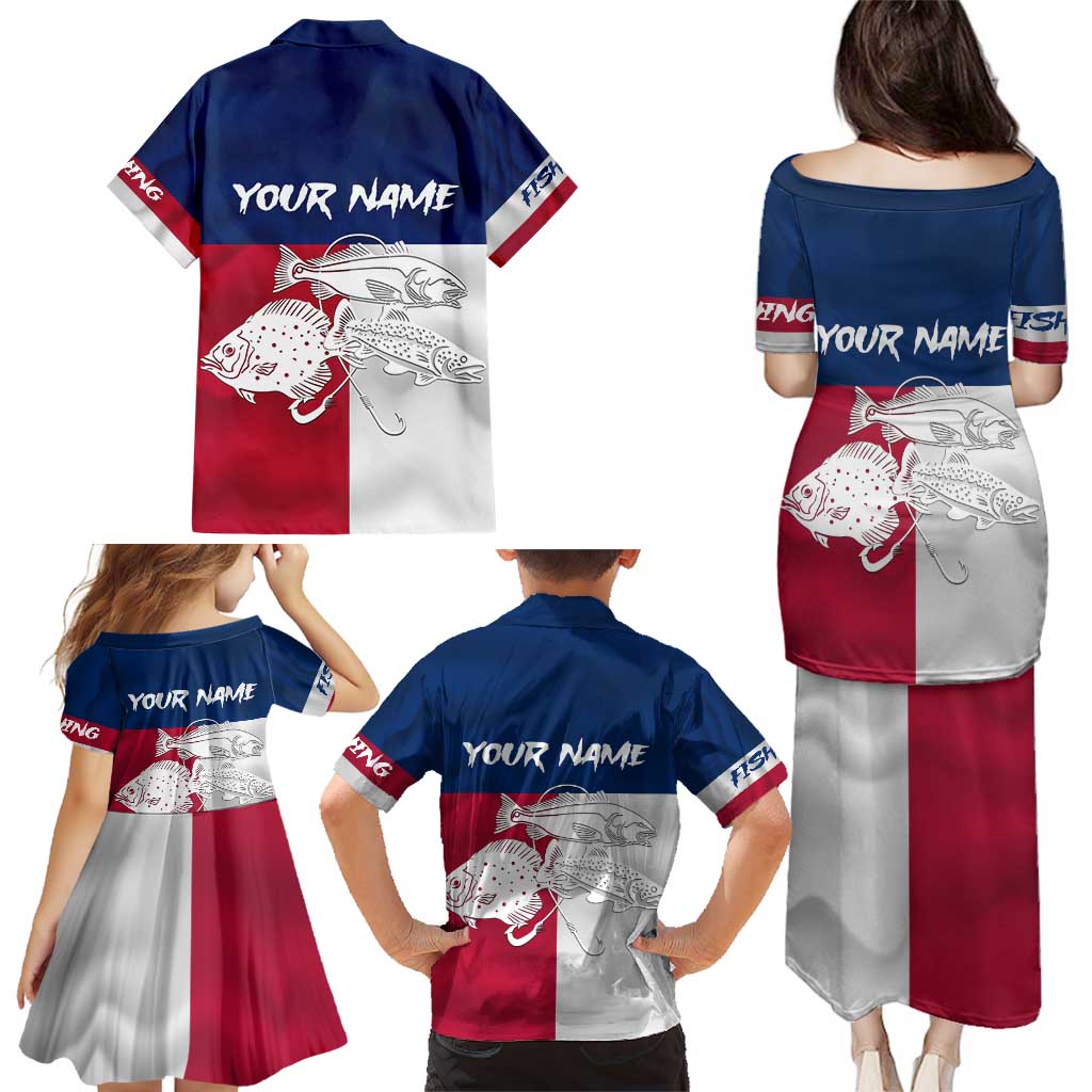Custom Texas Fishing Family Matching Puletasi and Hawaiian Shirt Hooked Fish Graphic - Red White and Blue Theme - Wonder Print Shop