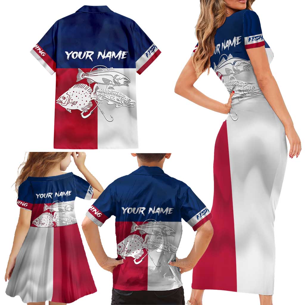 Custom Texas Fishing Family Matching Short Sleeve Bodycon Dress and Hawaiian Shirt Hooked Fish Graphic - Red White and Blue Theme - Wonder Print Shop