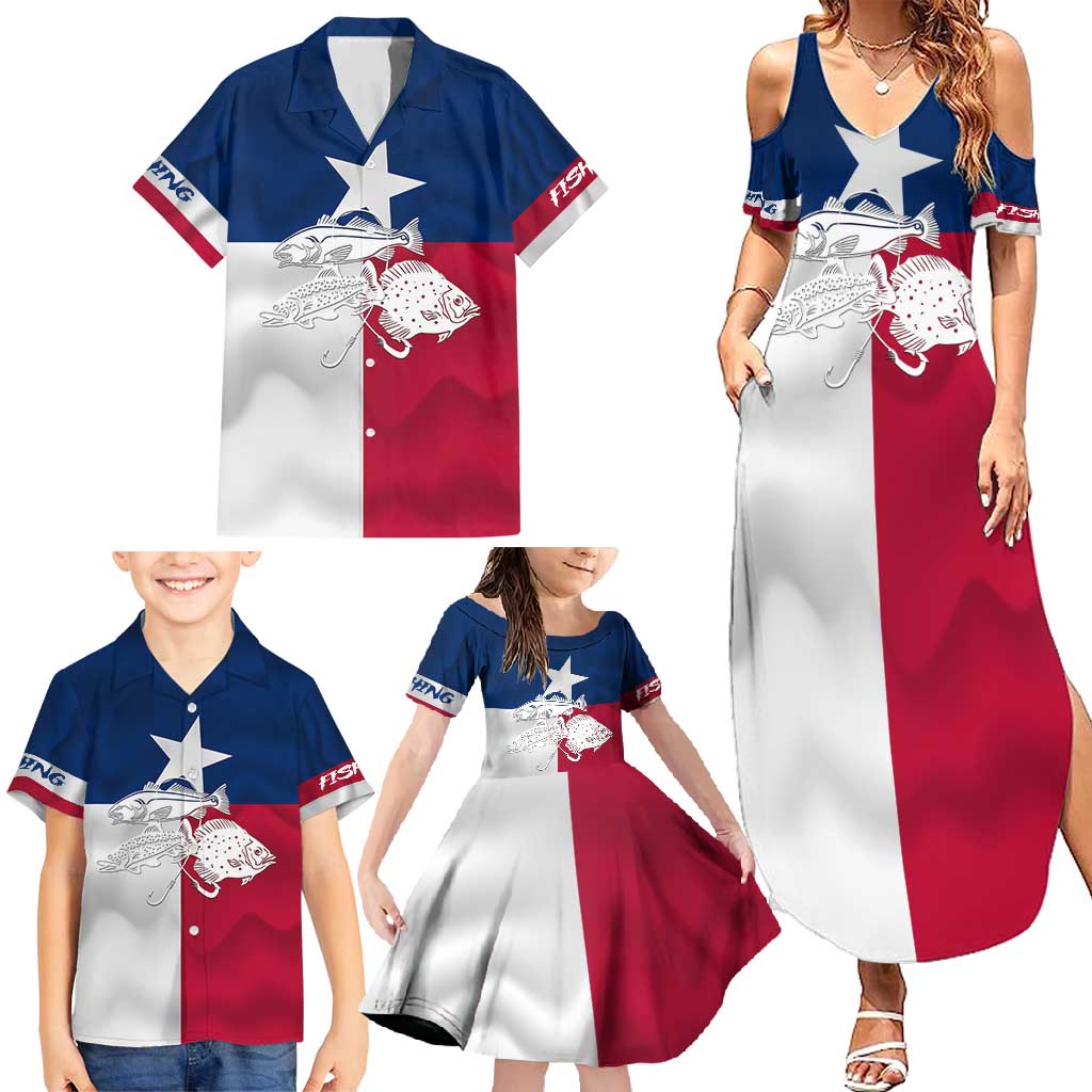Custom Texas Fishing Family Matching Summer Maxi Dress and Hawaiian Shirt Hooked Fish Graphic - Red White and Blue Theme - Wonder Print Shop