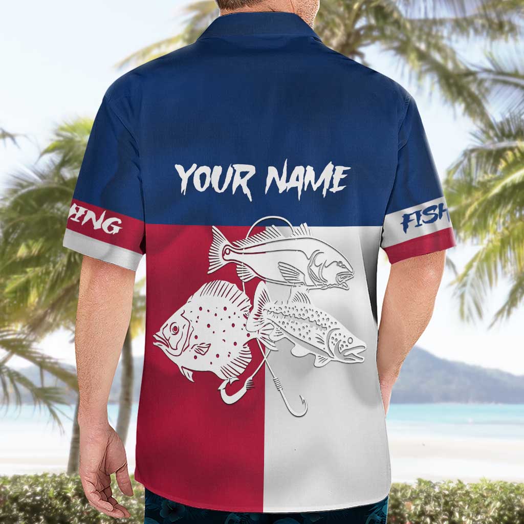 Custom Texas Fishing Hawaiian Shirt Hooked Fish Graphic - Red White and Blue Theme - Wonder Print Shop