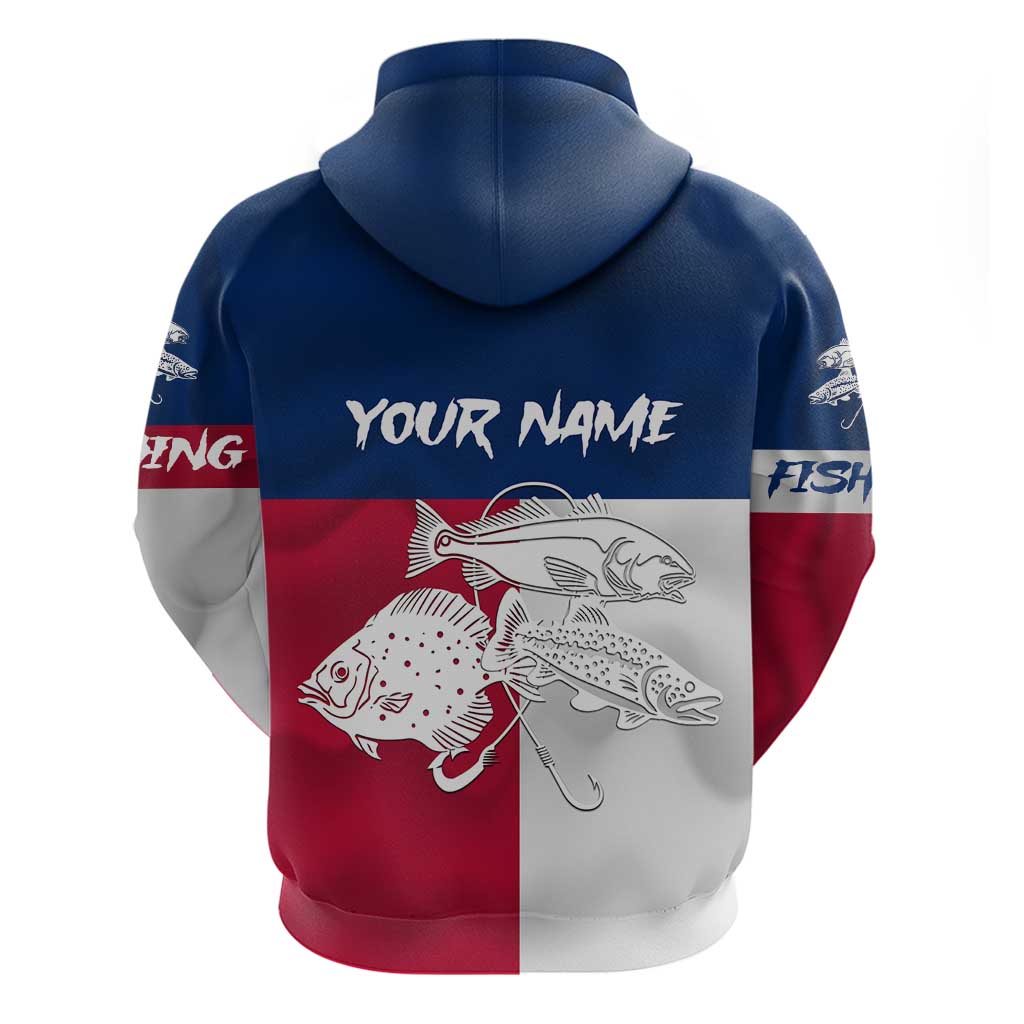 Custom Texas Fishing Hoodie Hooked Fish Graphic - Red White and Blue Theme - Wonder Print Shop