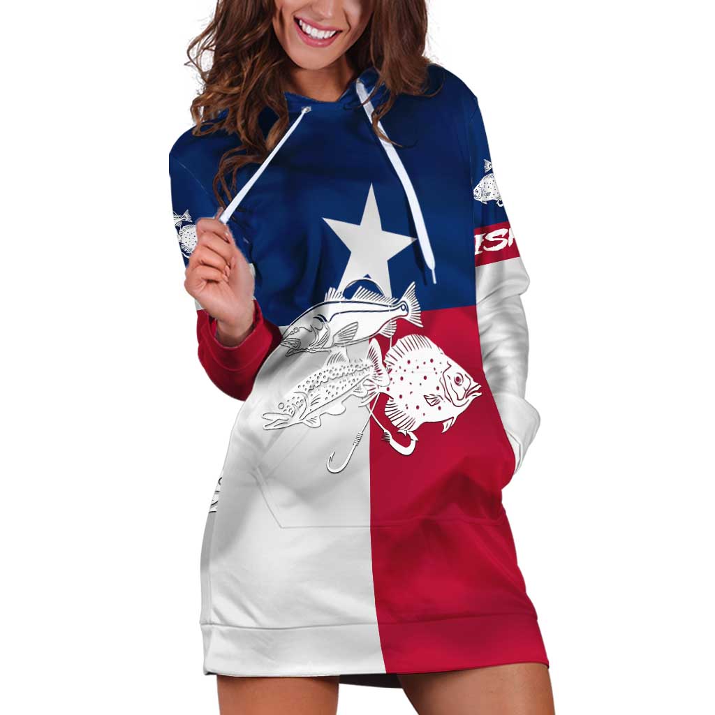 Custom Texas Fishing Hoodie Dress Hooked Fish Graphic - Red White and Blue Theme - Wonder Print Shop