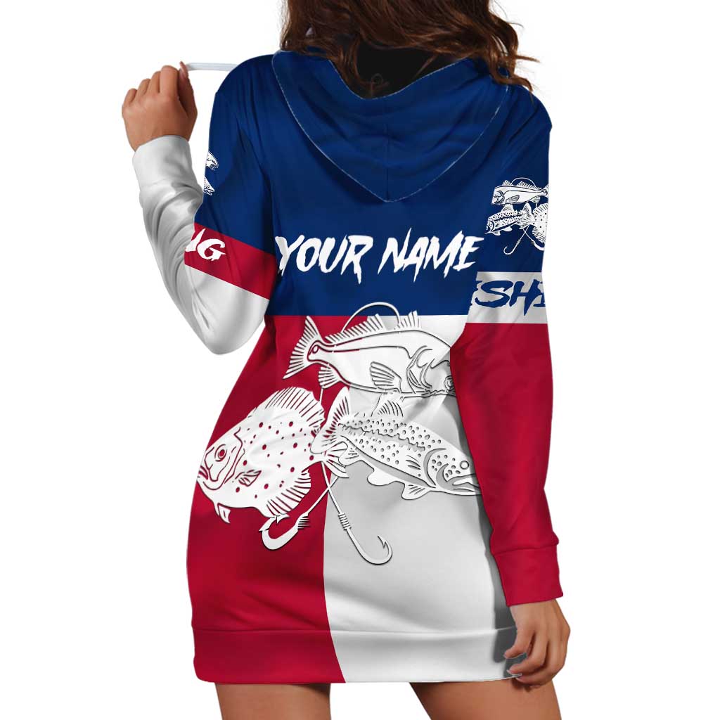 Custom Texas Fishing Hoodie Dress Hooked Fish Graphic - Red White and Blue Theme - Wonder Print Shop