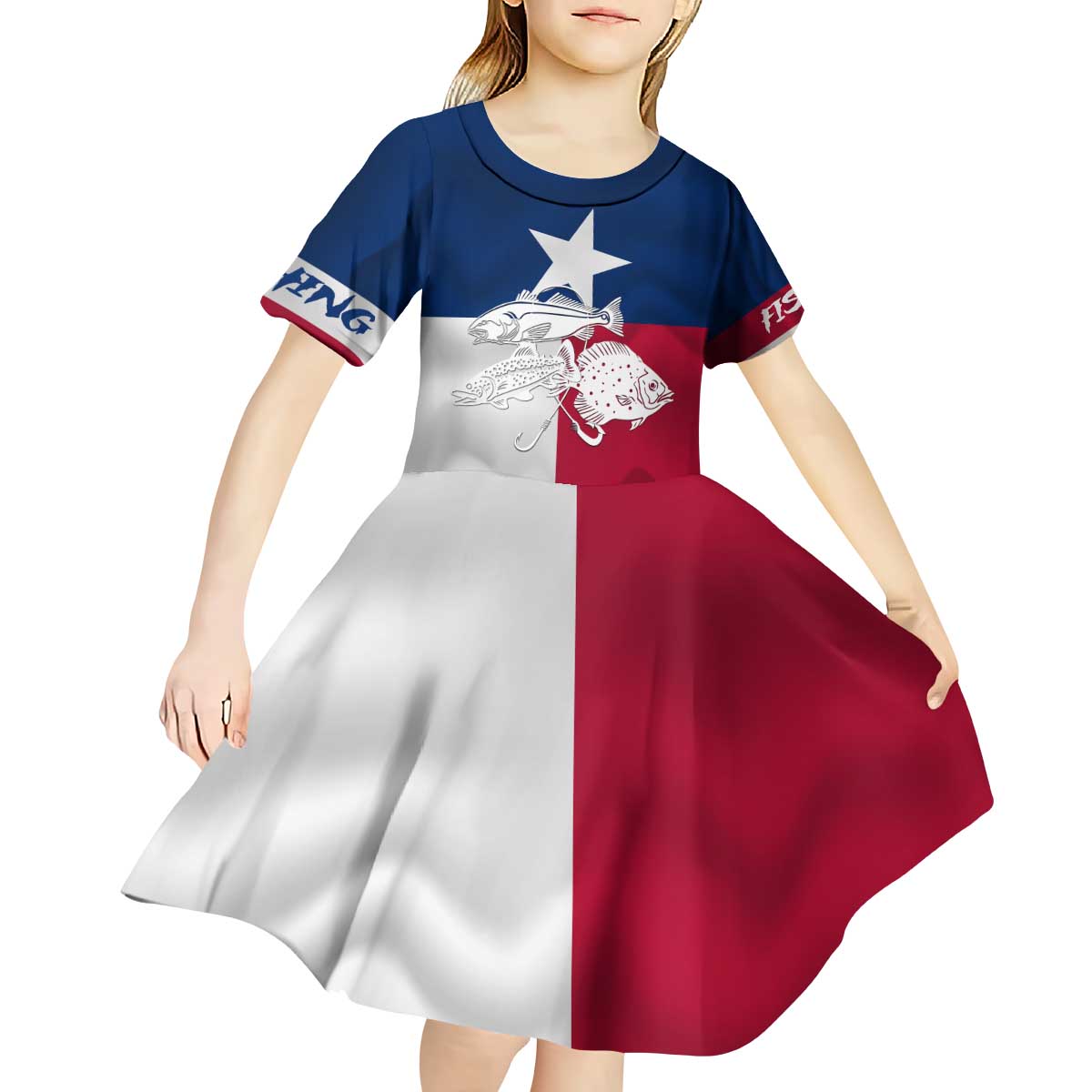 Custom Texas Fishing Kid Short Sleeve Dress Hooked Fish Graphic - Red White and Blue Theme - Wonder Print Shop