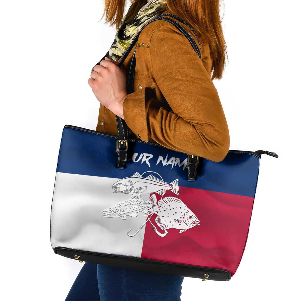 Custom Texas Fishing Leather Tote Bag Hooked Fish Graphic - Red White and Blue Theme - Wonder Print Shop