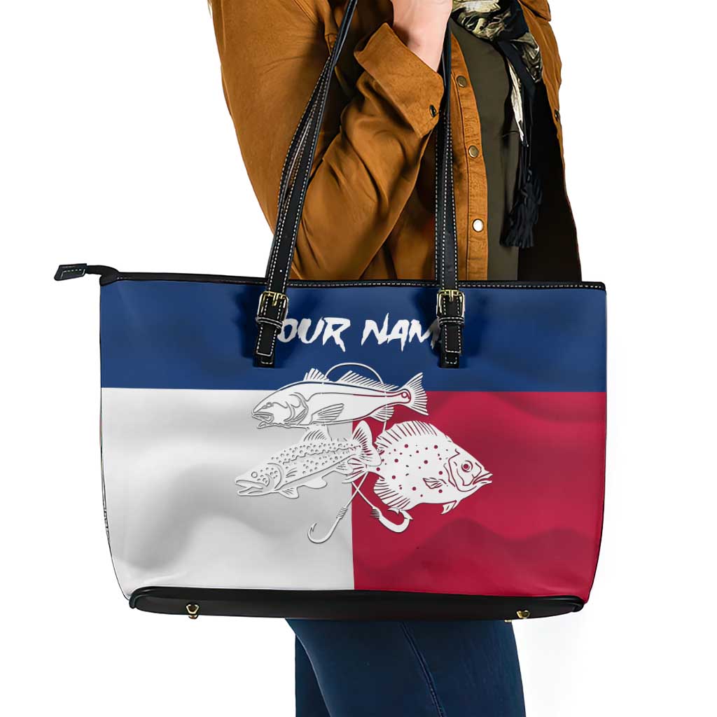 Custom Texas Fishing Leather Tote Bag Hooked Fish Graphic - Red White and Blue Theme - Wonder Print Shop