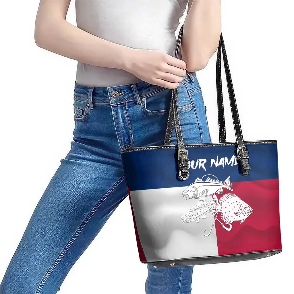 Custom Texas Fishing Leather Tote Bag Hooked Fish Graphic - Red White and Blue Theme - Wonder Print Shop