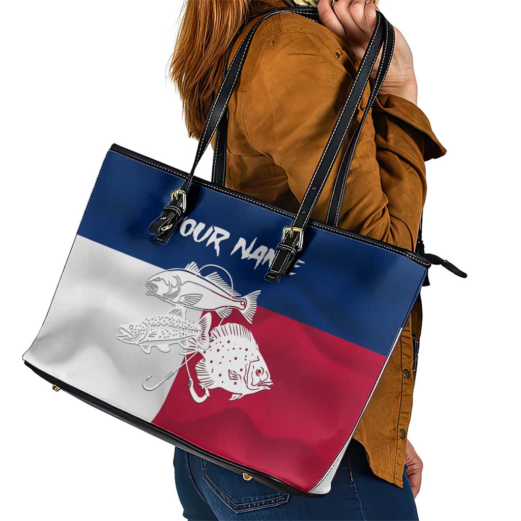 Custom Texas Fishing Leather Tote Bag Hooked Fish Graphic - Red White and Blue Theme - Wonder Print Shop