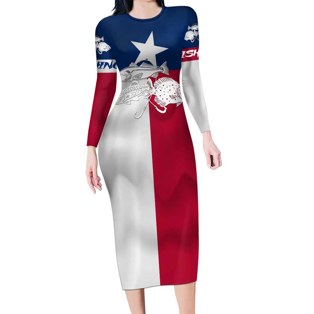 Custom Texas Fishing Long Sleeve Bodycon Dress Hooked Fish Graphic - Red White and Blue Theme - Wonder Print Shop