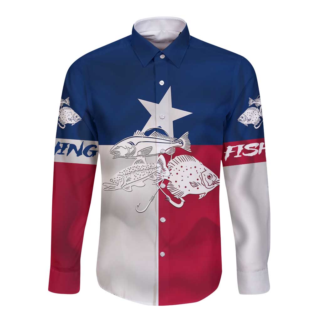 Custom Texas Fishing Long Sleeve Button Shirt Hooked Fish Graphic - Red White and Blue Theme - Wonder Print Shop