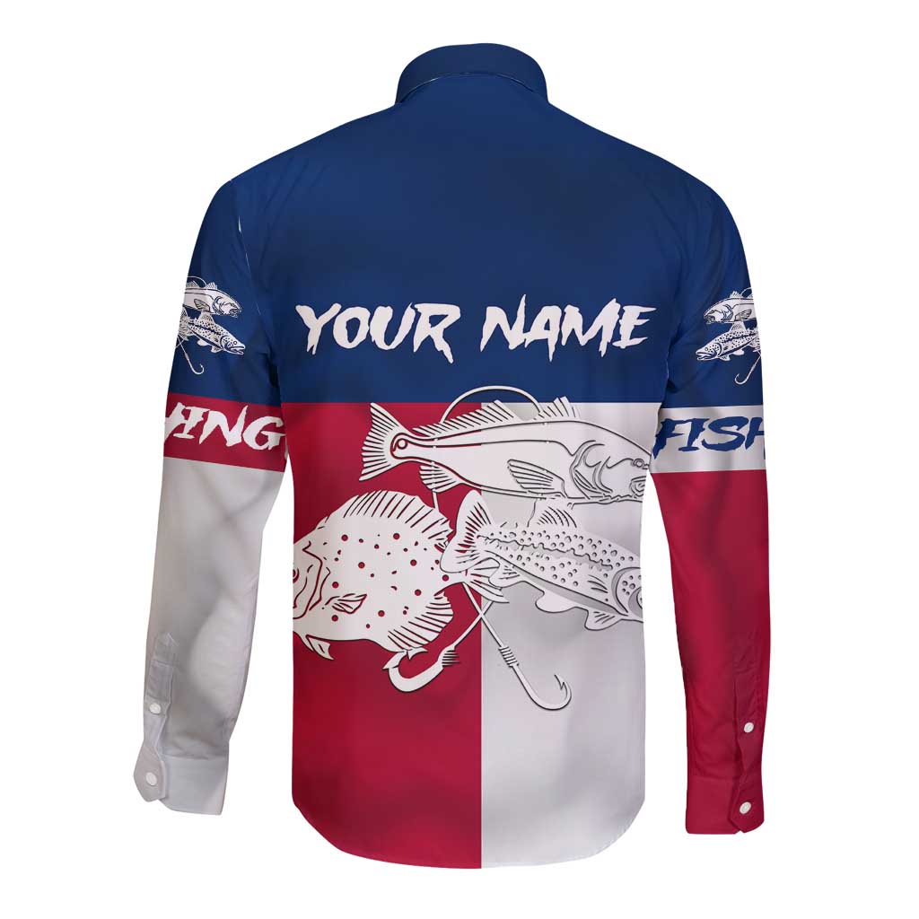 Custom Texas Fishing Long Sleeve Button Shirt Hooked Fish Graphic - Red White and Blue Theme - Wonder Print Shop