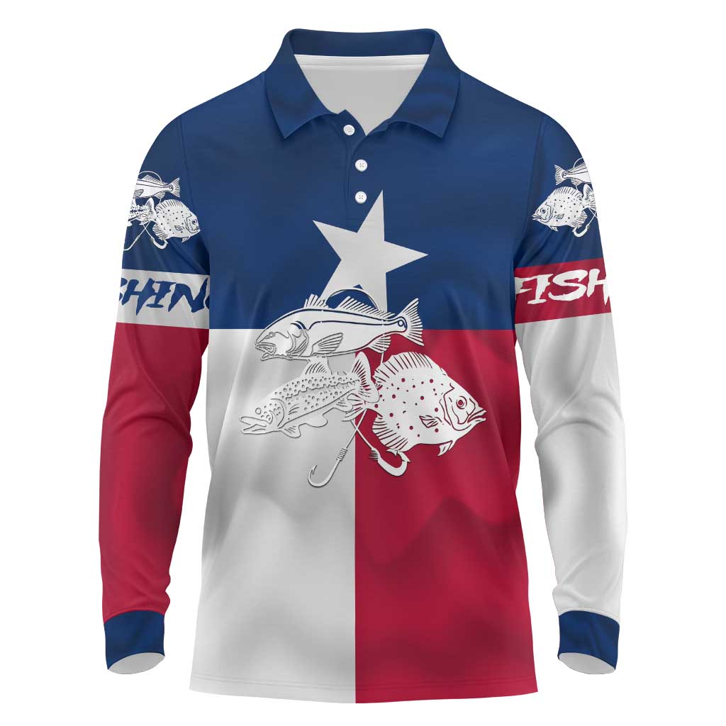 Custom Texas Fishing Long Sleeve Polo Shirt Hooked Fish Graphic - Red White and Blue Theme - Wonder Print Shop