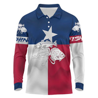 Custom Texas Fishing Long Sleeve Polo Shirt Hooked Fish Graphic - Red White and Blue Theme - Wonder Print Shop