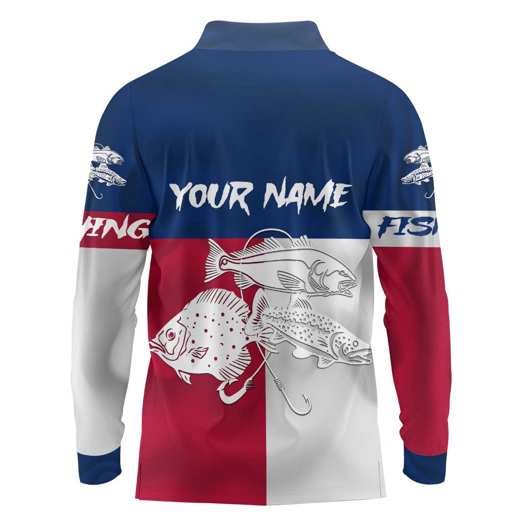 Custom Texas Fishing Long Sleeve Polo Shirt Hooked Fish Graphic - Red White and Blue Theme - Wonder Print Shop