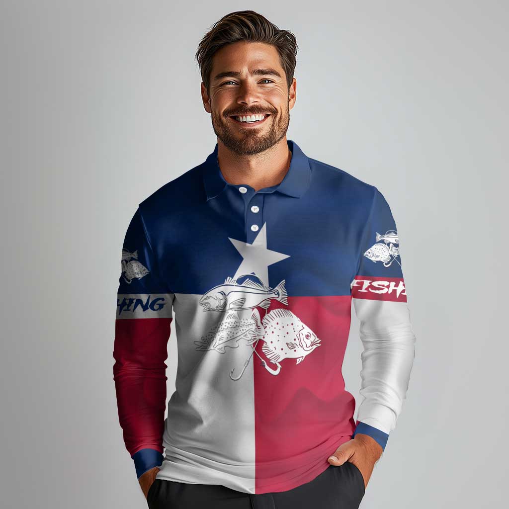 Custom Texas Fishing Long Sleeve Polo Shirt Hooked Fish Graphic - Red White and Blue Theme - Wonder Print Shop